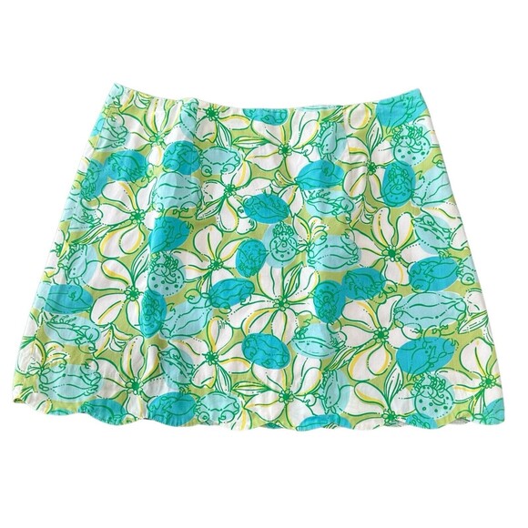 Vtg Lilly Pulitzer Scalloped Cotton Mini Skirt Women Sz 6 Blue Green Floral Line